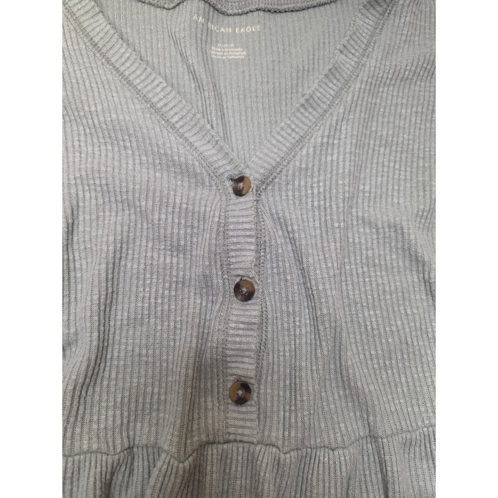 American Eagle Sage Green Ribbed Babydoll Henley Top Long Sleeve Womens Medium - Picture 2 of 6